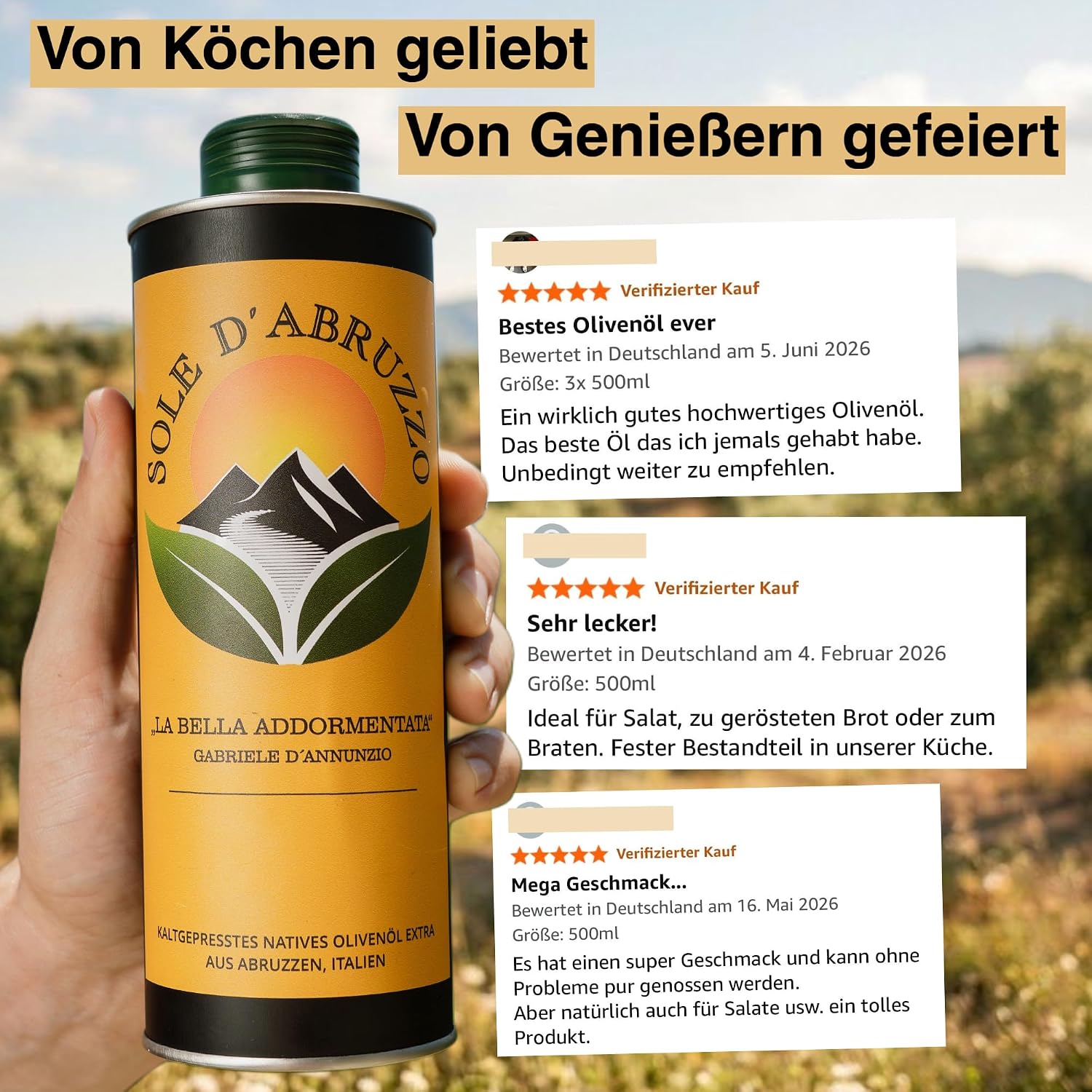 SOLE D'ABRUZZO Olivenöl Nativ Extra aus Italien (3x 500ml)